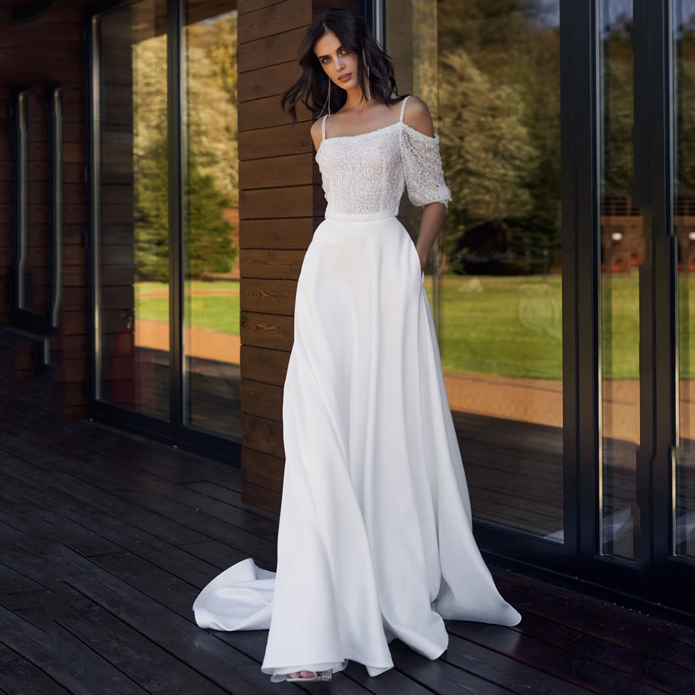 Spaghetti Straps Vestido De Novia Half Sleeves Outdoor Boho Satin Backless A-Line Ruched Sequined Wedding Dress Bride Gown
Spaghetti Straps Vestido De Novia Half Sleeves Outdoor Boho Satin Backless A-Line Ruched Sequined Wedding Dress Bride Gown
