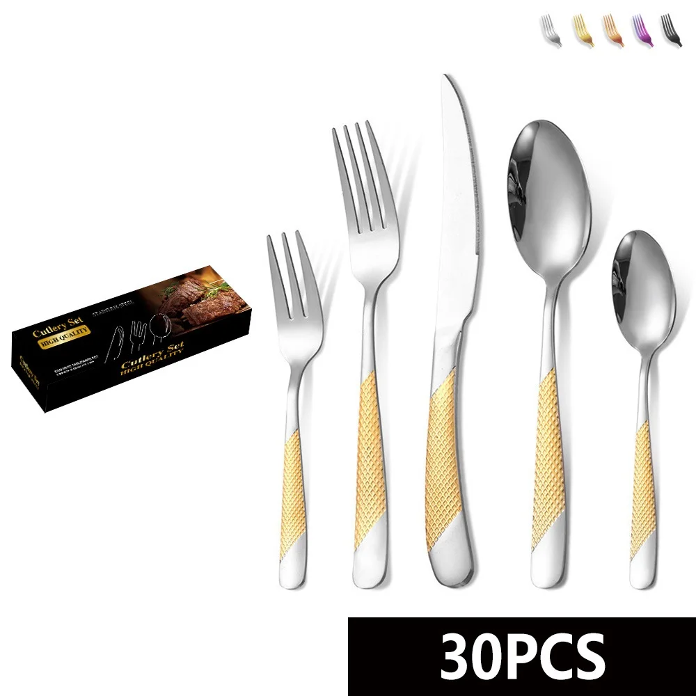 30 PCS Star Diamond Pattern Stainless Steel 5 Combination Dinnerware Set Non-slip Handle Knife Fork Teaspoon Dessert Fork Set
30 PCS Star Diamond Pattern Stainless Steel 5 Combination Dinnerware Set Non-slip Handle Knife Fork Teaspoon Dessert Fork Set