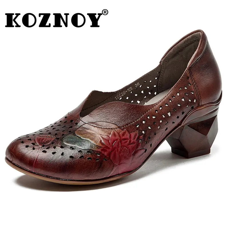 

Koznoy Women Heels 5.5cm Hollow Cow Genuine Leather Summer Shoes with Females Slip on Fashion Embossed Round Toe Lady Moccasins