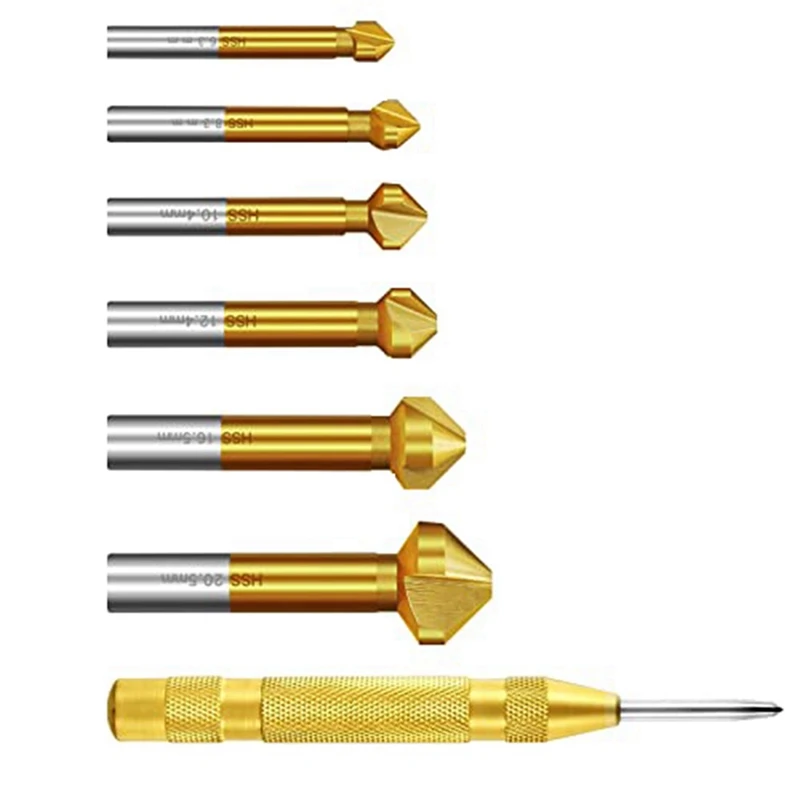 6Pcs 90° Countersink Set HSS Countersink Set, Titanium 6.3-20.5 Mm Countersink Drill With 1 Automatic Center Drill Punch
6Pcs 90° Countersink Set HSS Countersink Set, Titanium 6.3-20.5 Mm Countersink Drill With 1 Automatic Center Drill Punch