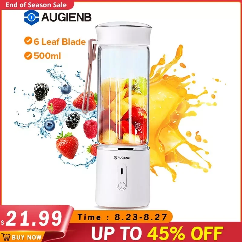 

AUGIENB 500ml Electric Fruit Juicer Glass Mini Hand Portable Smoothie Maker Blenders Mixer USB Rechargeable