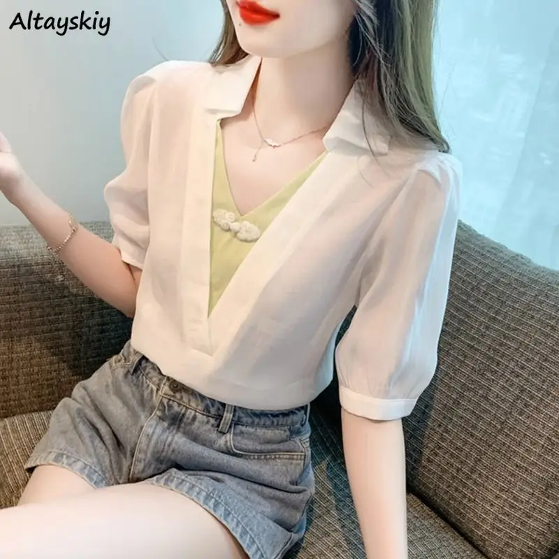 Fake Two Piece Blouses Women Simple Patchwork New Summer Trendy Chinese Style Button Design Graceful Female Gentle Ins Basics
Fake Two Piece Blouses Women Simple Patchwork New Summer Trendy Chinese Style Button Design Graceful Female Gentle Ins Basics