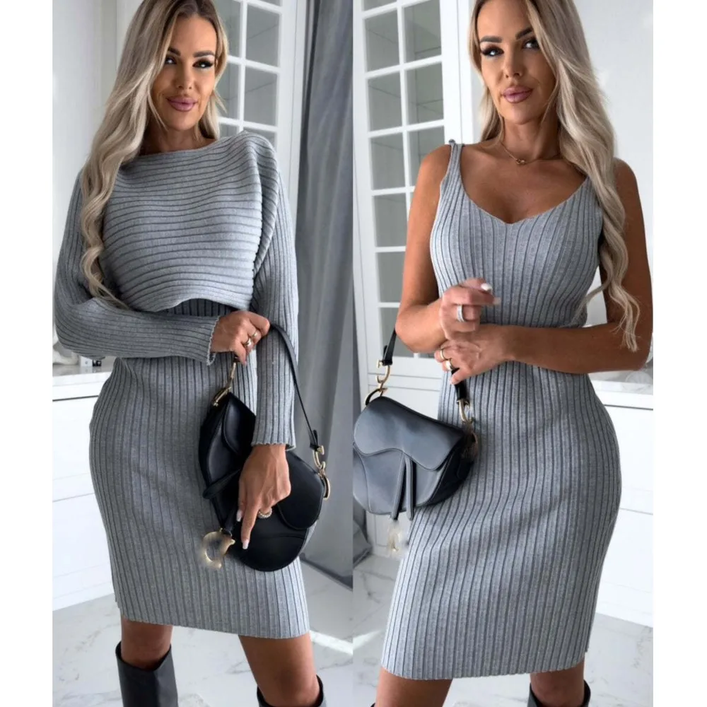 Women Fashion Rib Knit Sweater Dress Set 2023 Autumn Winter Sexy Sling V-neck Bodycon Dress & Long Sleeve Pullover 2 Piece Set
Women Fashion Rib Knit Sweater Dress Set 2023 Autumn Winter Sexy Sling V-neck Bodycon Dress & Long Sleeve Pullover 2 Piece Set