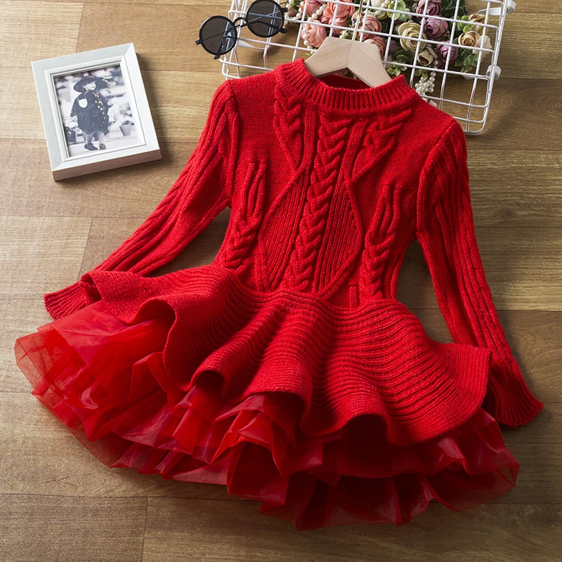 

Girls Long Sleeve Knitting Dresses Autumn/Winter Warm Birthday Party Ruffle Princess Costume Kids Red Christmas Disfraz Vestido