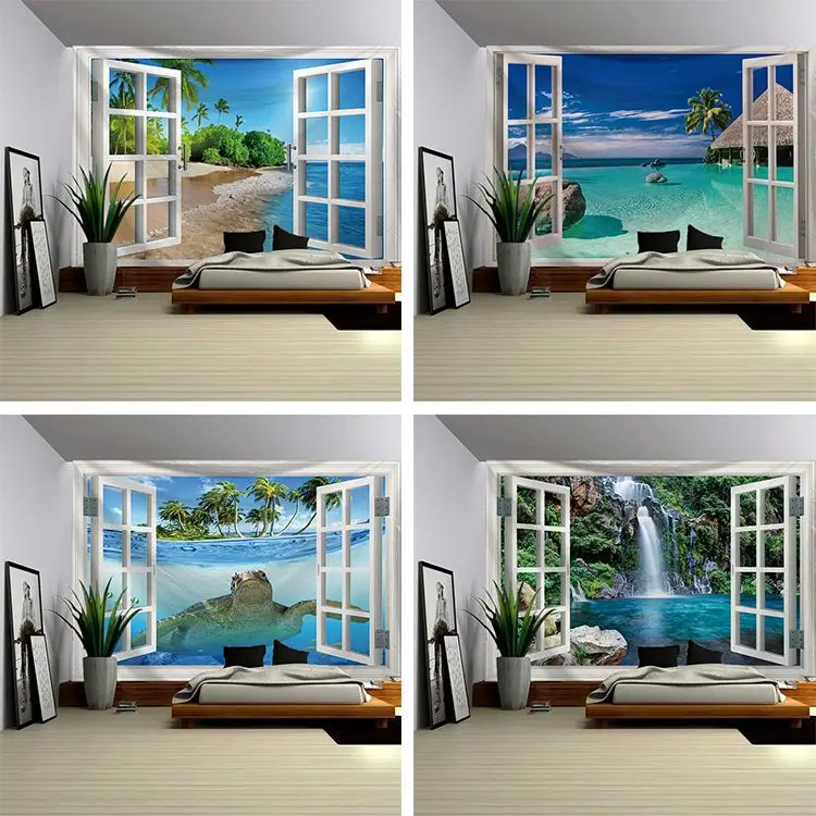 

Window Wall Tapestry Tropical Forest Jungle Waterfall Lake Birds Nature Landscape Tapestries Fabric Wall Hanging for Bedroom