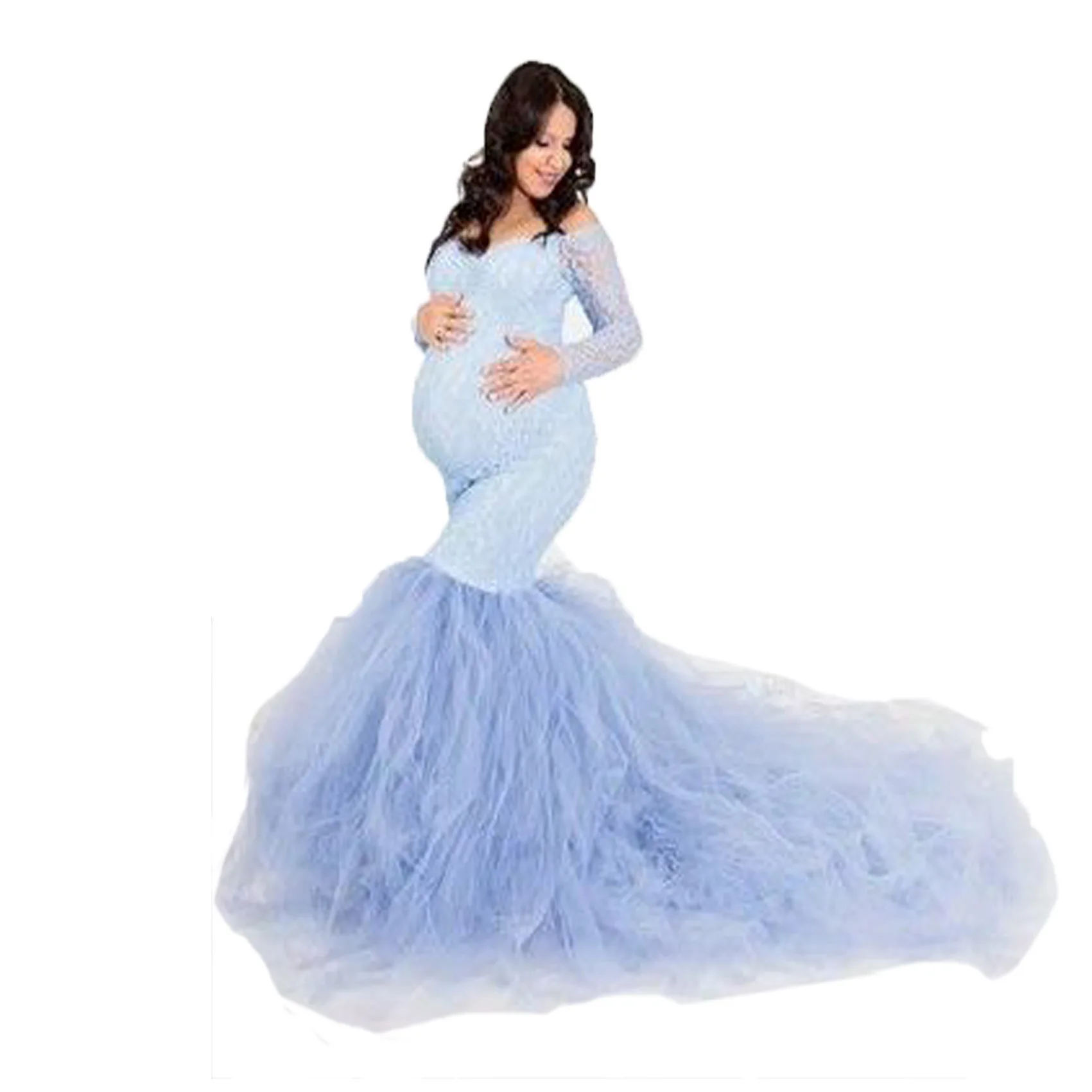

European and American women's long sleeved lace splicing mesh pregnant women's fluttering tail long dress photography dress 1920