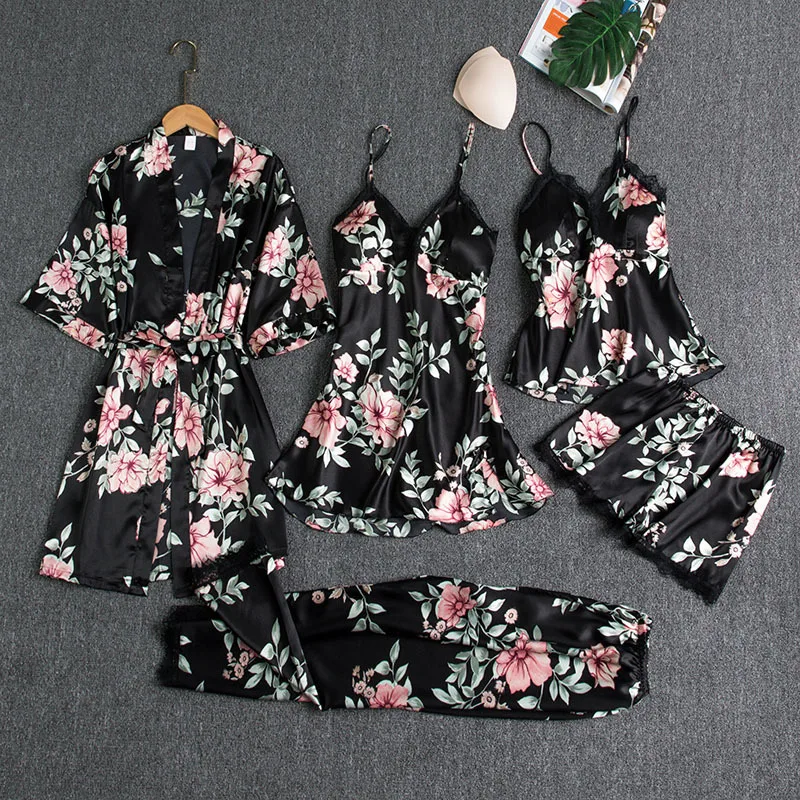 New Women's pajama Satin 5PCS Summer Lace Patchwork Sexy Women Nightwear Thin Style Robe Sleep Suit Nightdress With Chest Pads
New Women's pajama Satin 5PCS Summer Lace Patchwork Sexy Women Nightwear Thin Style Robe Sleep Suit Nightdress With Chest Pads