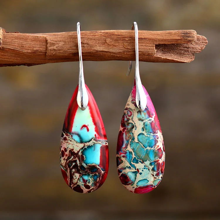 

Bold Bohemian Women Emperor Jaspers Dangle Earrings Colorful Boho Natural Stones Earring Designer Jewelry Bijoux Dropship