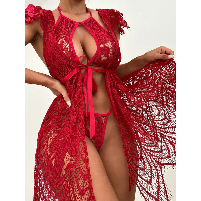 2022 new high-end women's sexy lingerie perspective temptation sling sexy lace nightdress 3-piece set
2022 new high-end women's sexy lingerie perspective temptation sling sexy lace nightdress 3-piece set