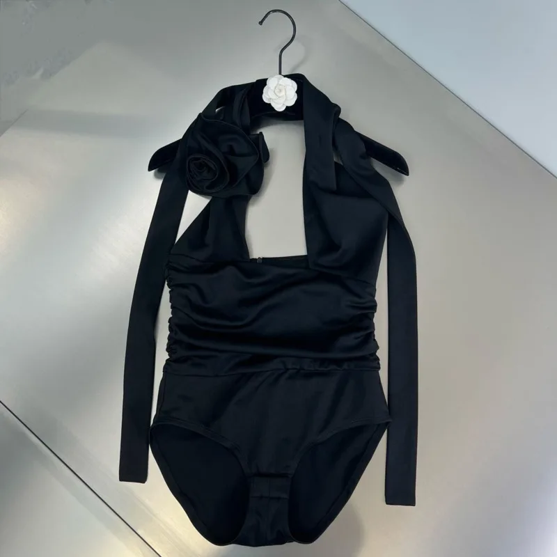 

PREPOMP 2023 Spring Summer New Collection Sleeveless Halter Criss Cross Appliques Black Sexy Slim Bodysuits Women Romper GH446