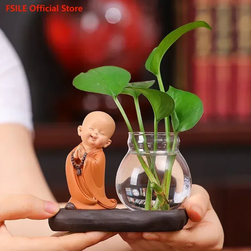 

FSILE Creative Chinese Style Vase Living Room Cute Huiwu Little Monk Transparent Glassware Water Culture Small Shaman Ornaments