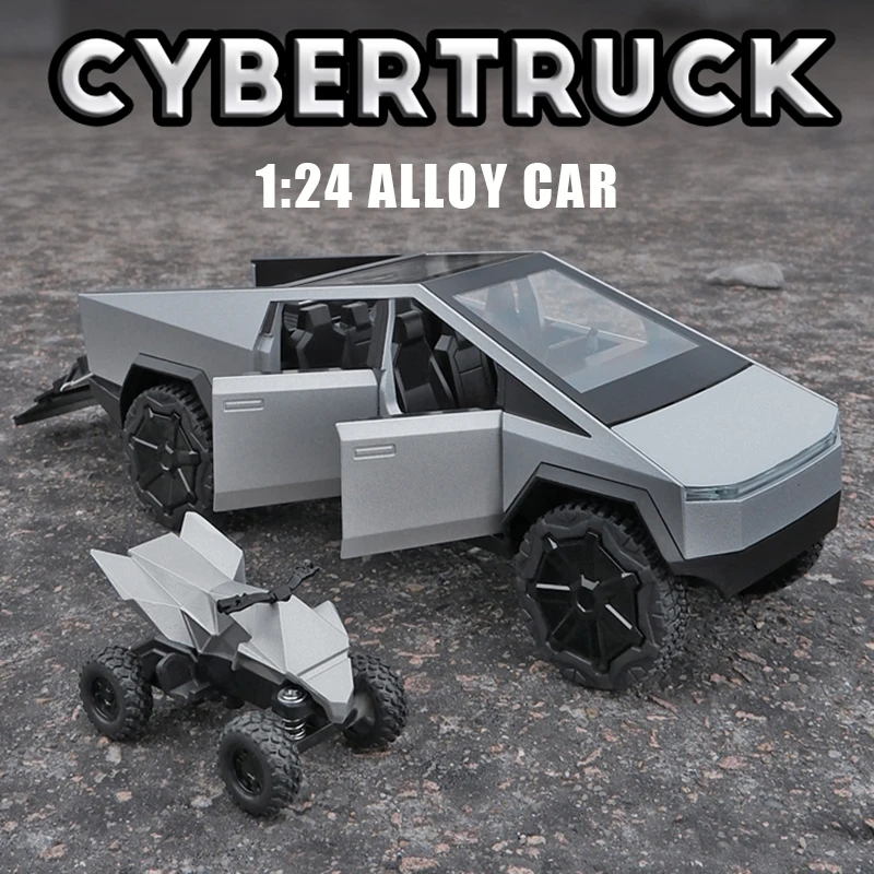 1:24 Масштаб Tesla Cybertruck, литая игрушка с мотоциклом, модель автомобиля, звук светильник
1:24 Масштаб Tesla Cybertruck, литая игрушка с мотоциклом, модель автомобиля, звук светильник