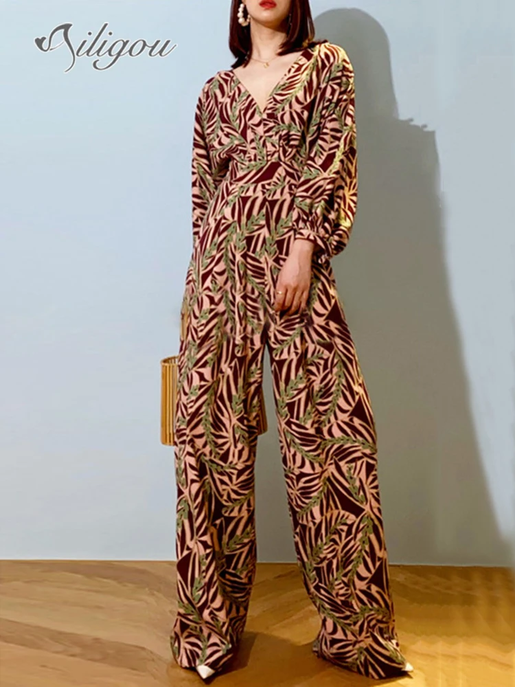 Ailigou Autumn Jumpsuit Women's High Waist Long Sleeve Long Jumpsuit Sexy Party Fashion Flower Print V-Neck Wide Leg Jumpsuit
Ailigou Autumn Jumpsuit Women's High Waist Long Sleeve Long Jumpsuit Sexy Party Fashion Flower Print V-Neck Wide Leg Jumpsuit