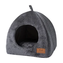 Plush Foldable Dog Cat Bed Non-slip Pet Kennel Gray Kitten House Indoor Semi-enclosed Sleeping Cats Cave Bed for Small Dogs Tent