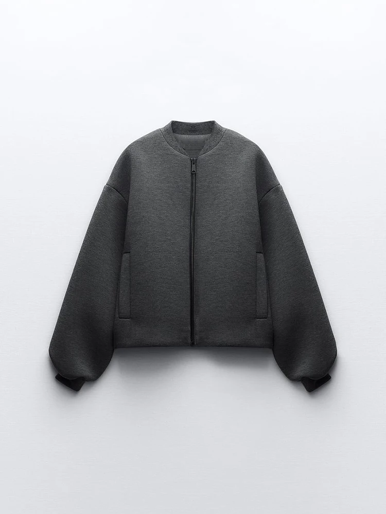 Осенне-зимняя куртка-бомбер с эффектом неопрена, с длинными рукавами, на молнии, базовое пальто серого цвета, стандартный воротник, куртка-пилот, верхняя одежда 
Осенне-зимняя куртка-бомбер с эффектом неопрена, с длинными рукавами, на молнии, базовое пальто серого цвета, стандартный воротник, куртка-пилот, верхняя одежда