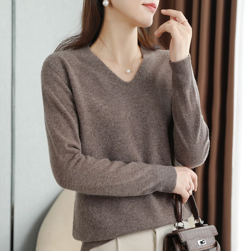 

Loose V-Neck Women Sweaters 2021 Winter 100% Pure Wool Knitted Jumpers Soft Cashmere Pullovers Lady Casual Wearout Tops