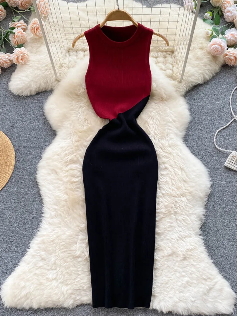 Foamlina Women Fashion Korean Color Match Knit Bodycon Dress Summer Chic O-neck Sleeveless Cut Out Slim Waist Midi Party Dress
Foamlina Women Fashion Korean Color Match Knit Bodycon Dress Summer Chic O-neck Sleeveless Cut Out Slim Waist Midi Party Dress