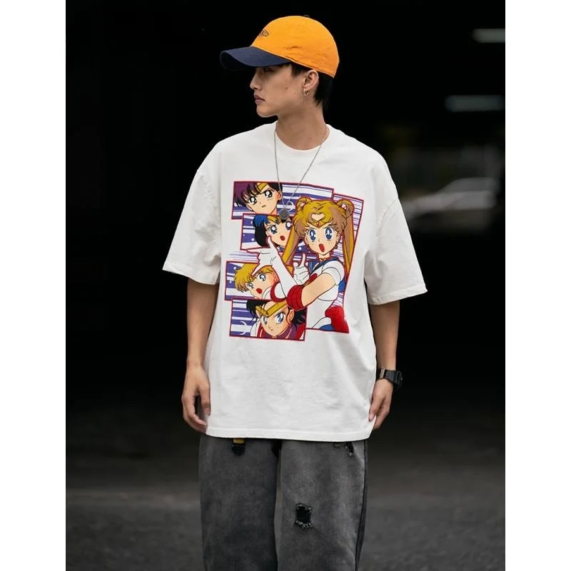 

Sailor Moon Retro Vintage Washed Men's and Women's Casual Loose Fitting Short Sleeved T-shirt Trend Lovers