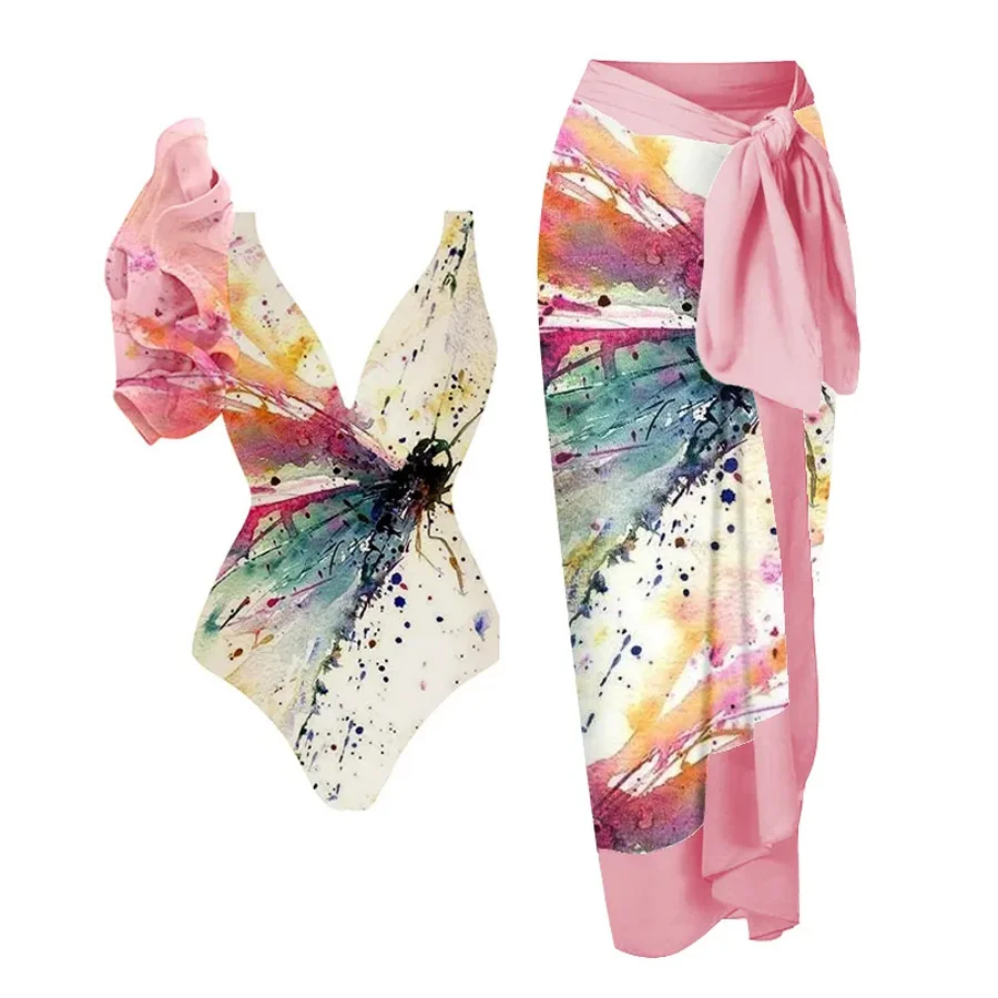 

Fashion Floral Print Ruffle One-Piece Swimsuit Set New One-shoulder Ruffled Dragonfly Print Swimwear Suit for Women Bikini Beach