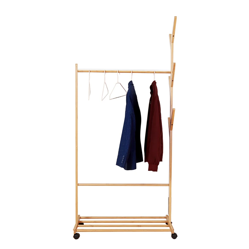 Natural Wheeled Bamboo Clothes Drying Stand Coat Hanging Rack with Storage Shelf
Natural Wheeled Bamboo Clothes Drying Stand Coat Hanging Rack with Storage Shelf