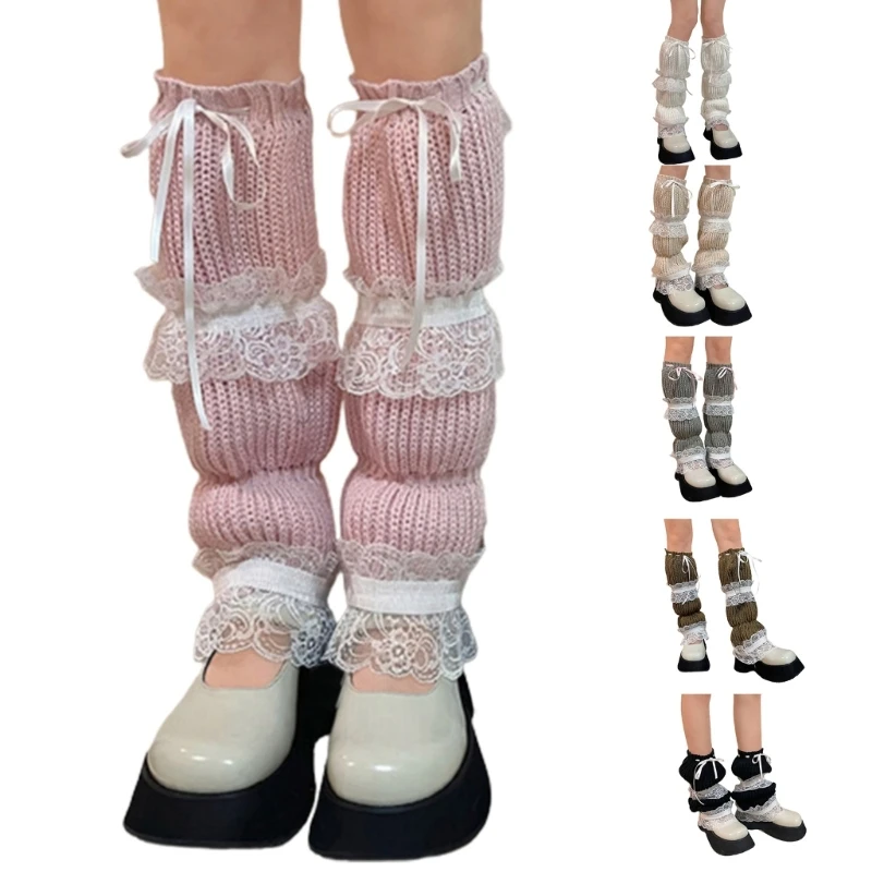 

Women Lace Ruffle Frilly Leg Warmers Knitted Long Leg Socks Warm Students Girls 90s Boot Socks Bow Lace Up Foot Covers 37JB