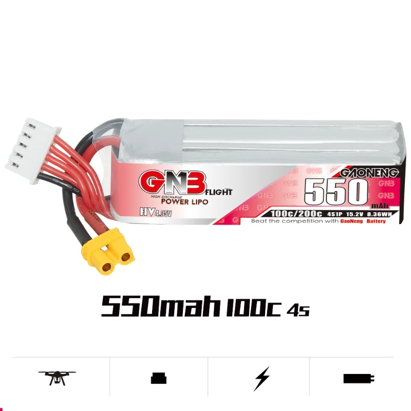 Gaoneng GNB 550mAh 4S 15.2V 100C HV 4.35V LiPo Battery with XT30 Plug for FPV Racing Drone Helicopter
Gaoneng GNB 550mAh 4S 15.2V 100C HV 4.35V LiPo Battery with XT30 Plug for FPV Racing Drone Helicopter