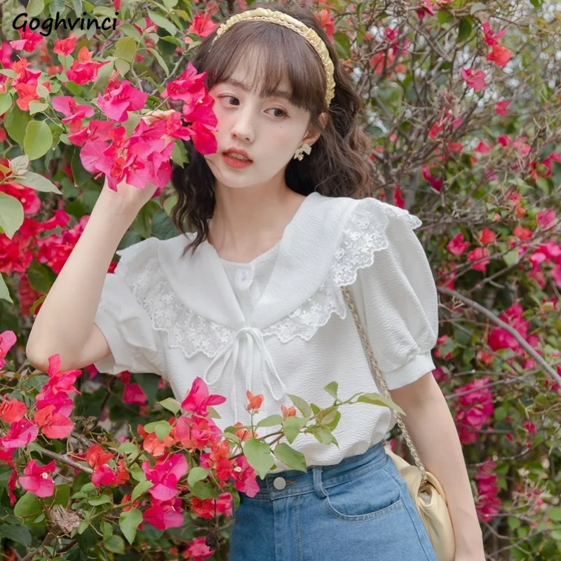 

Peter Pan Collar Shirts Women Lace Sweet Loose Preppy Style Lace-up Design Tender Casual Simple Female All-match Young Ulzzang