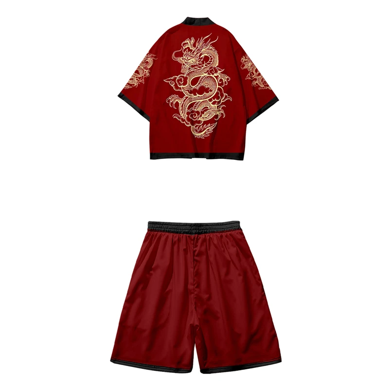 

Костюм-кимоно мужской из двух предметов, юката и шорты с принтом дракона, пэчворк, кардиган в японском стиле Харадзюку, традиционный Топ для ...
