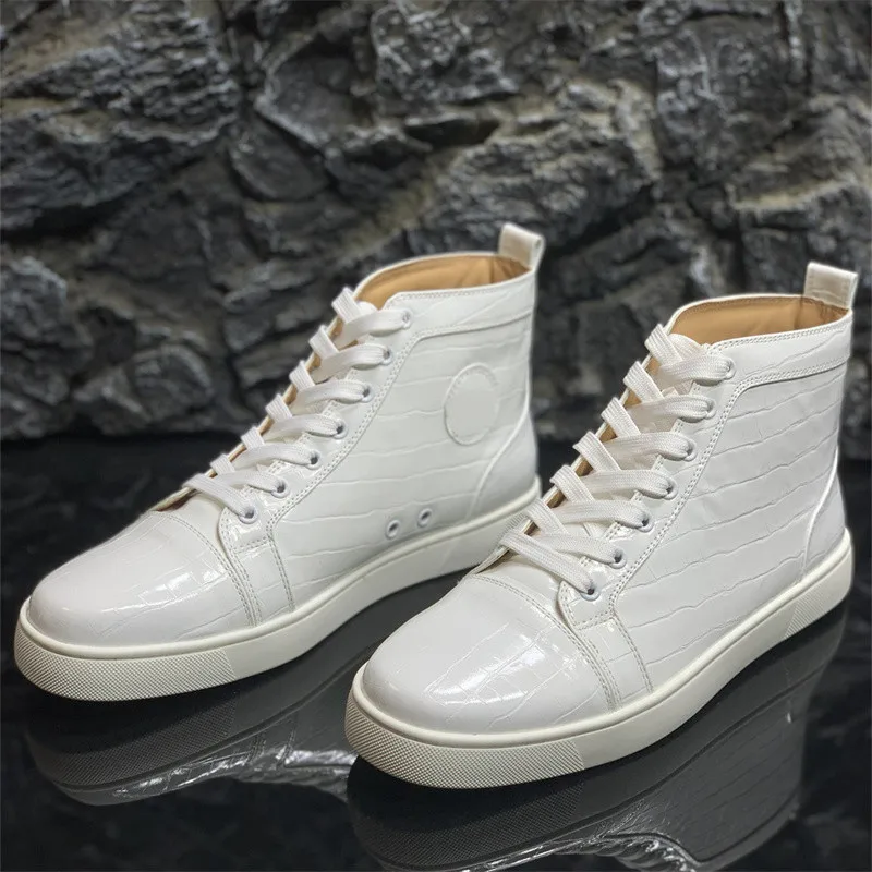 Luxury Brands White Alligator Stripe Leather Red Bottoms High Tops Shoes For Men's Casual Loafers Flats Women's Wedding Sneakers
Luxury Brands White Alligator Stripe Leather Red Bottoms High Tops Shoes For Men's Casual Loafers Flats Women's Wedding Sneakers