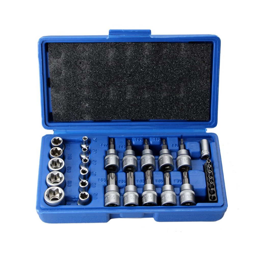 29pcs Hexagon Torx Star Sockets Bit Set 3/8″ Male Female Drive T10 T15 T20 T25 T27 1/2″ T30 T40 T45 T50 T55 Power Tool
29pcs Hexagon Torx Star Sockets Bit Set 3/8″ Male Female Drive T10 T15 T20 T25 T27 1/2″ T30 T40 T45 T50 T55 Power Tool