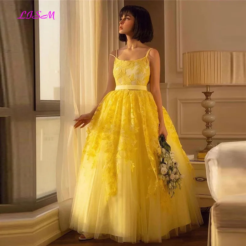Bright Yellow Tulle Ball Gown Prom Dresses Lace Floral Spaghetti Straps Homecoming Dress Ankle Length Party Formal Gown
Bright Yellow Tulle Ball Gown Prom Dresses Lace Floral Spaghetti Straps Homecoming Dress Ankle Length Party Formal Gown