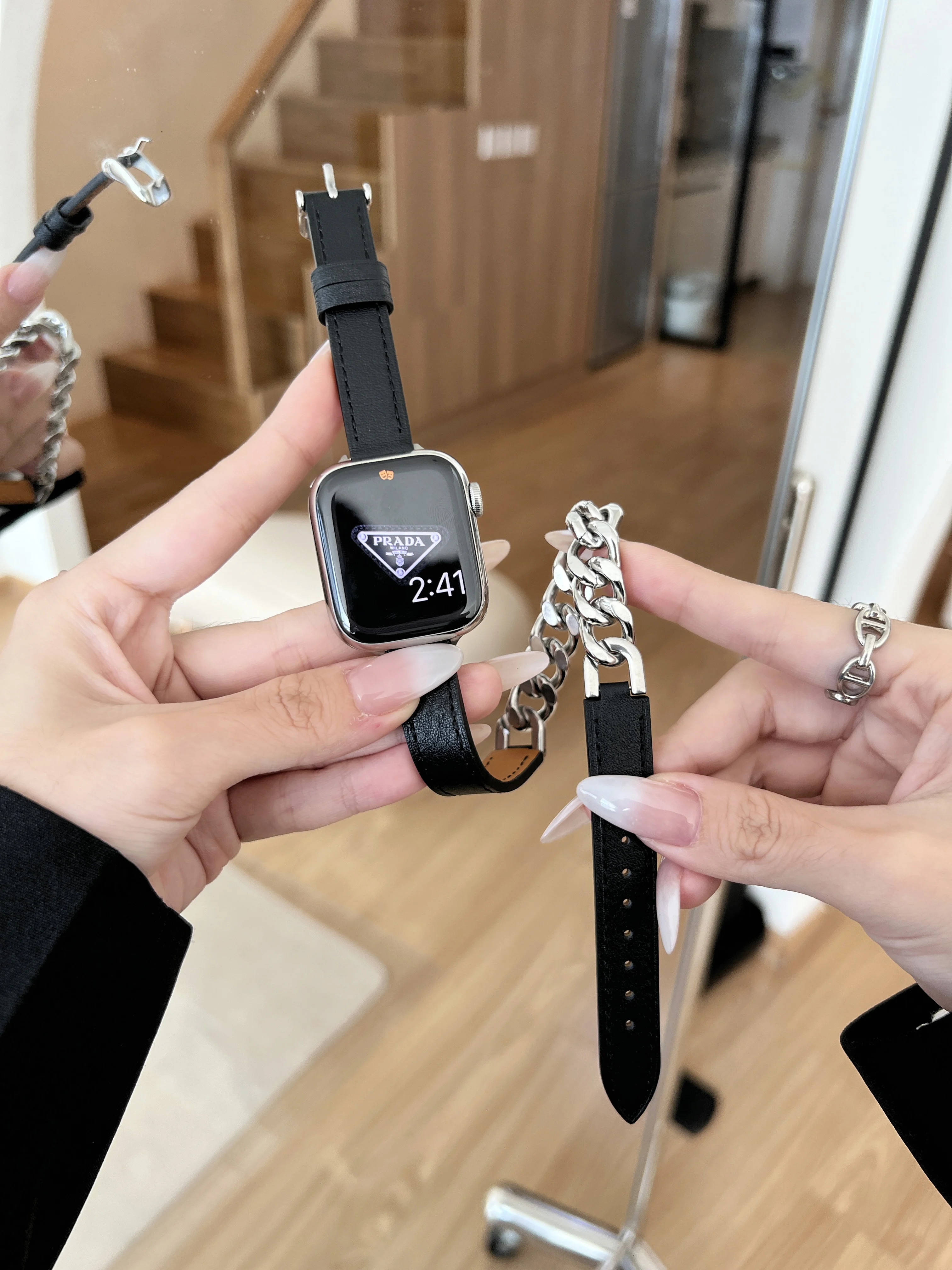 For Apple Watch S8 strap Double ring stainless steel splicing leather iwatch strap 76SE correa 45 44mm apple watch accessories
For Apple Watch S8 strap Double ring stainless steel splicing leather iwatch strap 76SE correa 45 44mm apple watch accessories