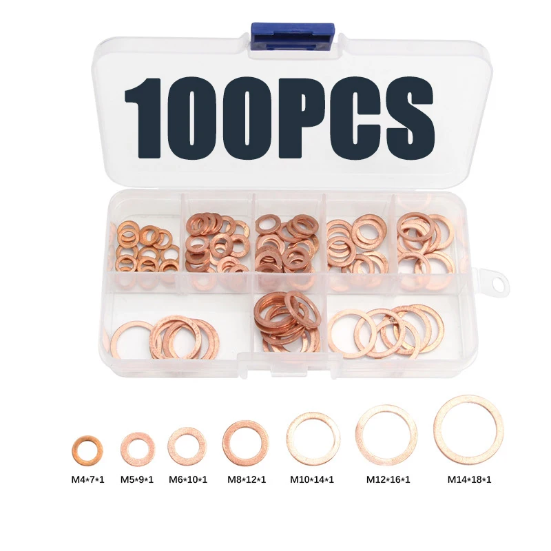 100Pcs/Set M4-M14 Assorted Copper Washer Gasket Set Flat Ring Seal Assortment Kit with Box For Hardware Accessories
100Pcs/Set M4-M14 Assorted Copper Washer Gasket Set Flat Ring Seal Assortment Kit with Box For Hardware Accessories