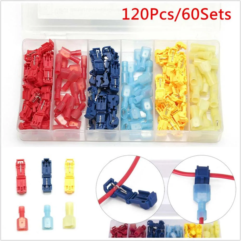 

120Pcs T-Taps Cable Terminal Crimp Connectors 22-10AWG Snap Lock Quick Splice Car Electrical Wire Male Spade Home Appliances