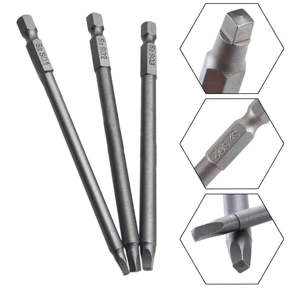 

3pcs 100mm Electric Driver Bits SQ1-SQ3 Square Head S2 Alloy Steel Screw For Hand Screwdrivers Electric Drill Power Tools