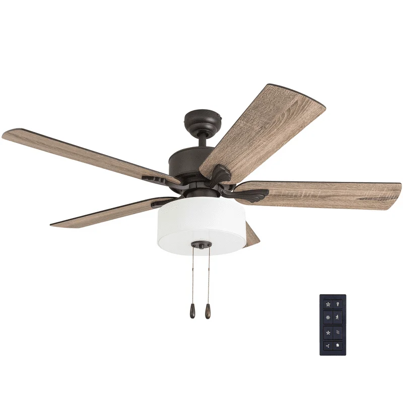

52" Bronze Ceiling Fan with 5 Blades, Linen Drum Shade, Remote & Reverse Airflow