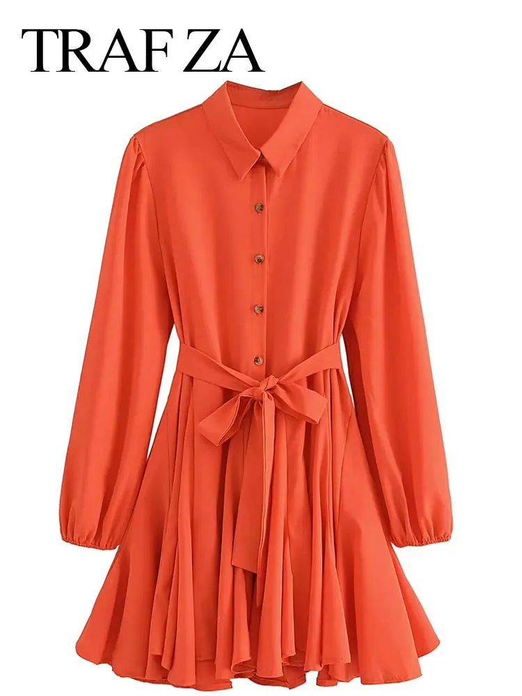 

Повседневное Оранжевое Женское платье TRAF ZA с длинным рукавом, Удобное повседневное свободное однобортное женское платье с поясом на талии