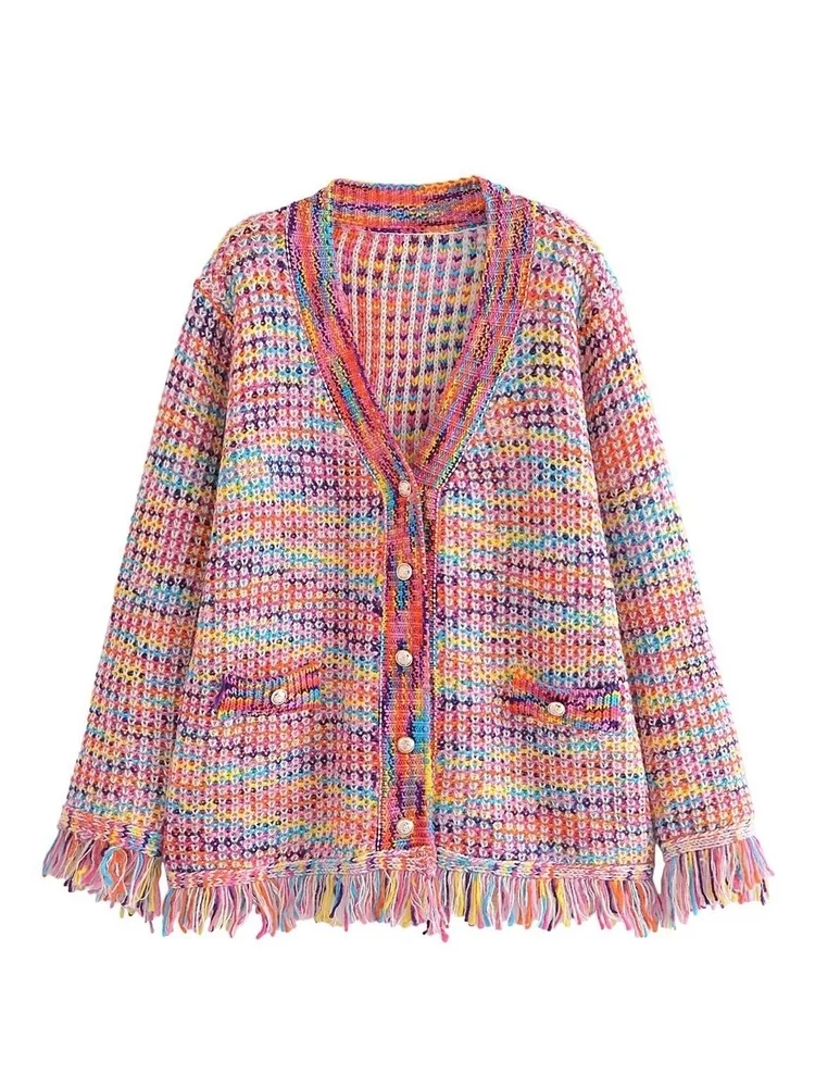 Женский трикотажный кардиган с бахромой, разноцветный однобортный свитер большого размера на осень и зиму, C018, 2022
Женский трикотажный кардиган с бахромой, разноцветный однобортный свитер большого размера на осень и зиму, C018, 2022