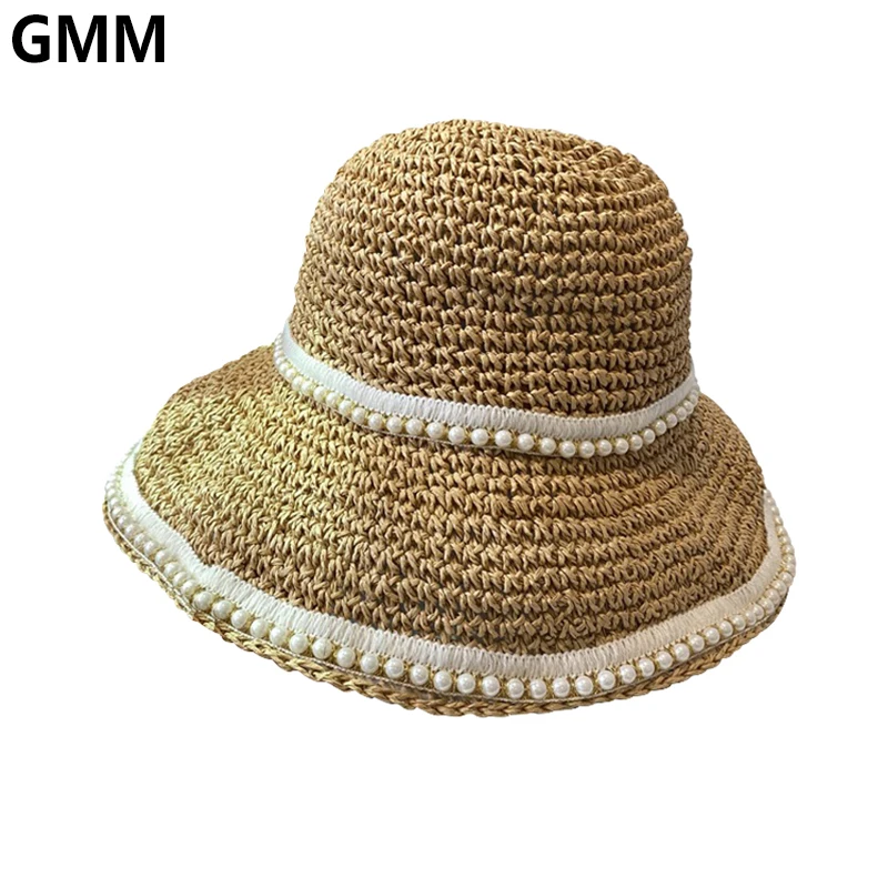 

Summer Women Hollow Handmade Crochet Straw Sun Hat Korean Wide Brim Bucket Cap Sunscreen Beach Paper Straw Hats With Pearls