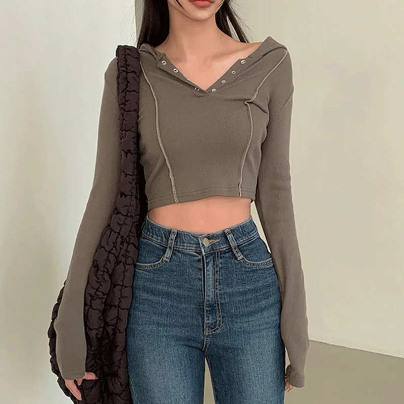 Solid Color Long Sleeve Button Down T-shirt Top Y2K Streetwear New Women Spring Autumn Fashion Hooded Crop Tops
Solid Color Long Sleeve Button Down T-shirt Top Y2K Streetwear New Women Spring Autumn Fashion Hooded Crop Tops