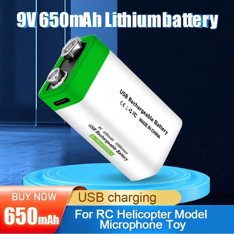 9V 650mAh 6F22 Lithium Rechargeable Battery USB Charging For Toy Remote Control RC KTV Multimeter Microphone Guitar Helicopter
9V 650mAh 6F22 Lithium Rechargeable Battery USB Charging For Toy Remote Control RC KTV Multimeter Microphone Guitar Helicopter