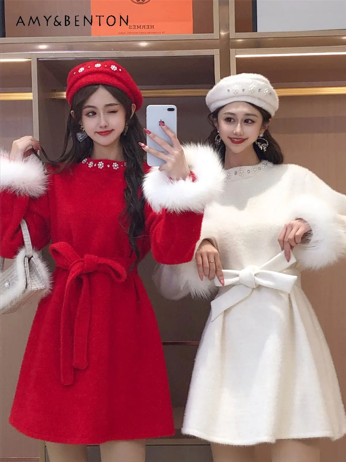 Sweet Diamond Mounted Beaded Flower Round Neck Tied Waist Cuff Furry Dress Autumn Winter Thick A- Line Dress Women's Clothing
Sweet Diamond Mounted Beaded Flower Round Neck Tied Waist Cuff Furry Dress Autumn Winter Thick A- Line Dress Women's Clothing