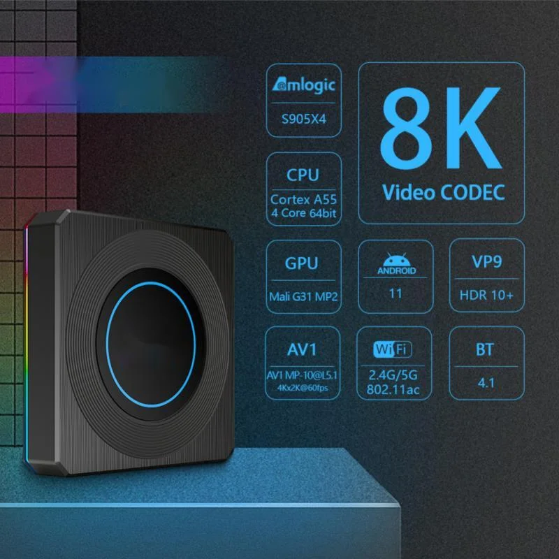 ТВ-приставка Android 11 Amlogic S905X4 RGB светильник 4G 64 Гб Поддержка AV1 8K видео 1000M Wifi BT Youtube медиаплеер телеприставка
ТВ-приставка Android 11 Amlogic S905X4 RGB светильник 4G 64 Гб Поддержка AV1 8K видео 1000M Wifi BT Youtube медиаплеер телеприставка