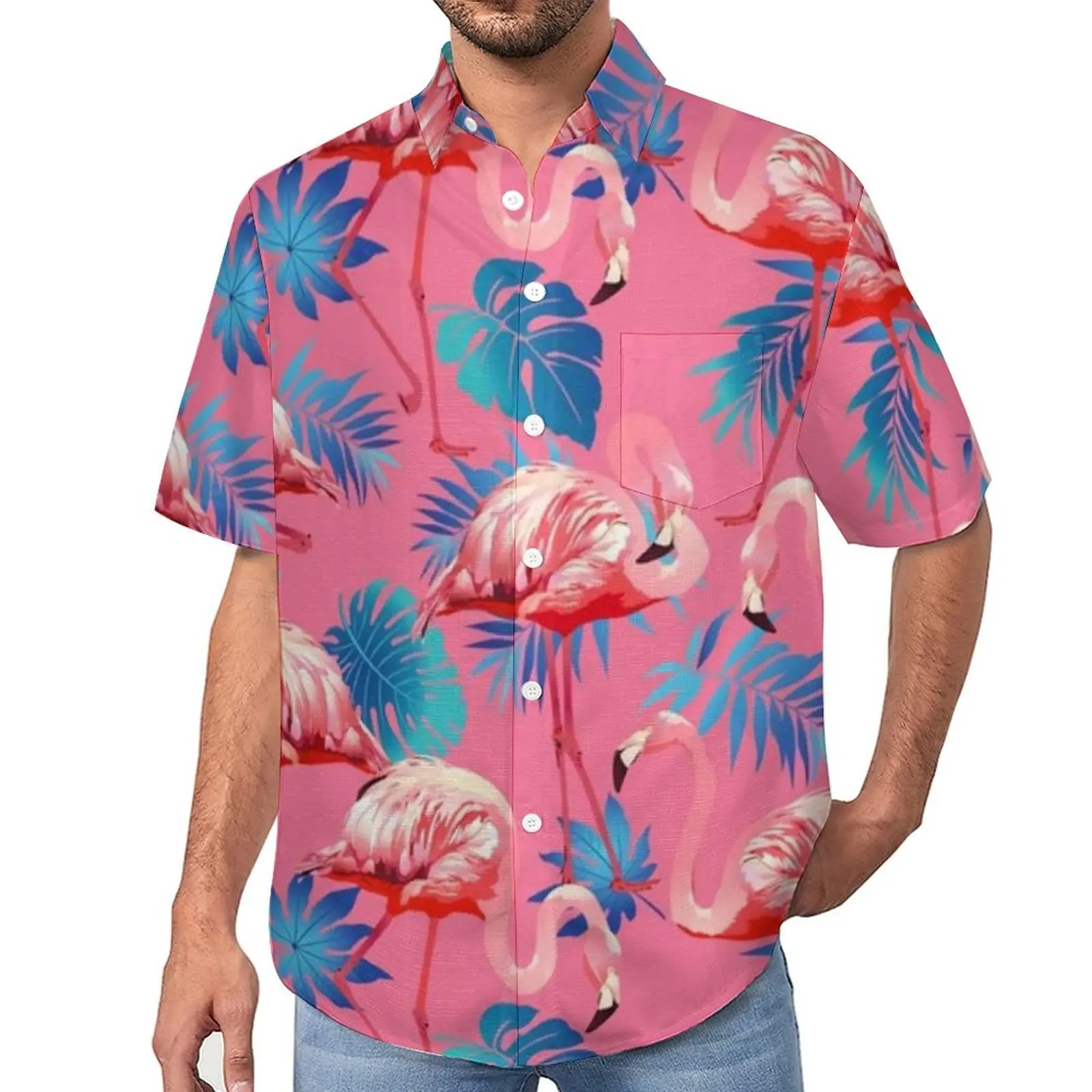 

Flamingo Casual Shirts Palm Tree Leaf Beach Shirt Hawaii Funny Blouses Man Print Plus Size 3XL 4XL