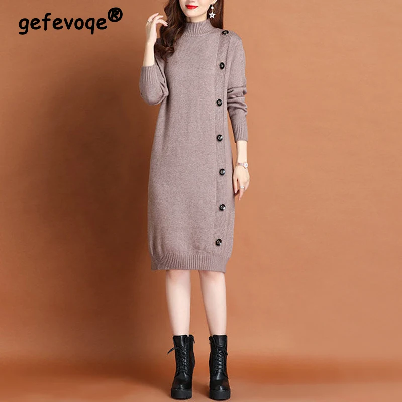 Korean Simple Half High Collar Solid Thick Knitted Sweater Dresses for Women 2022 Autumn Winter Casual Loose Pullover Midi Dress
Korean Simple Half High Collar Solid Thick Knitted Sweater Dresses for Women 2022 Autumn Winter Casual Loose Pullover Midi Dress