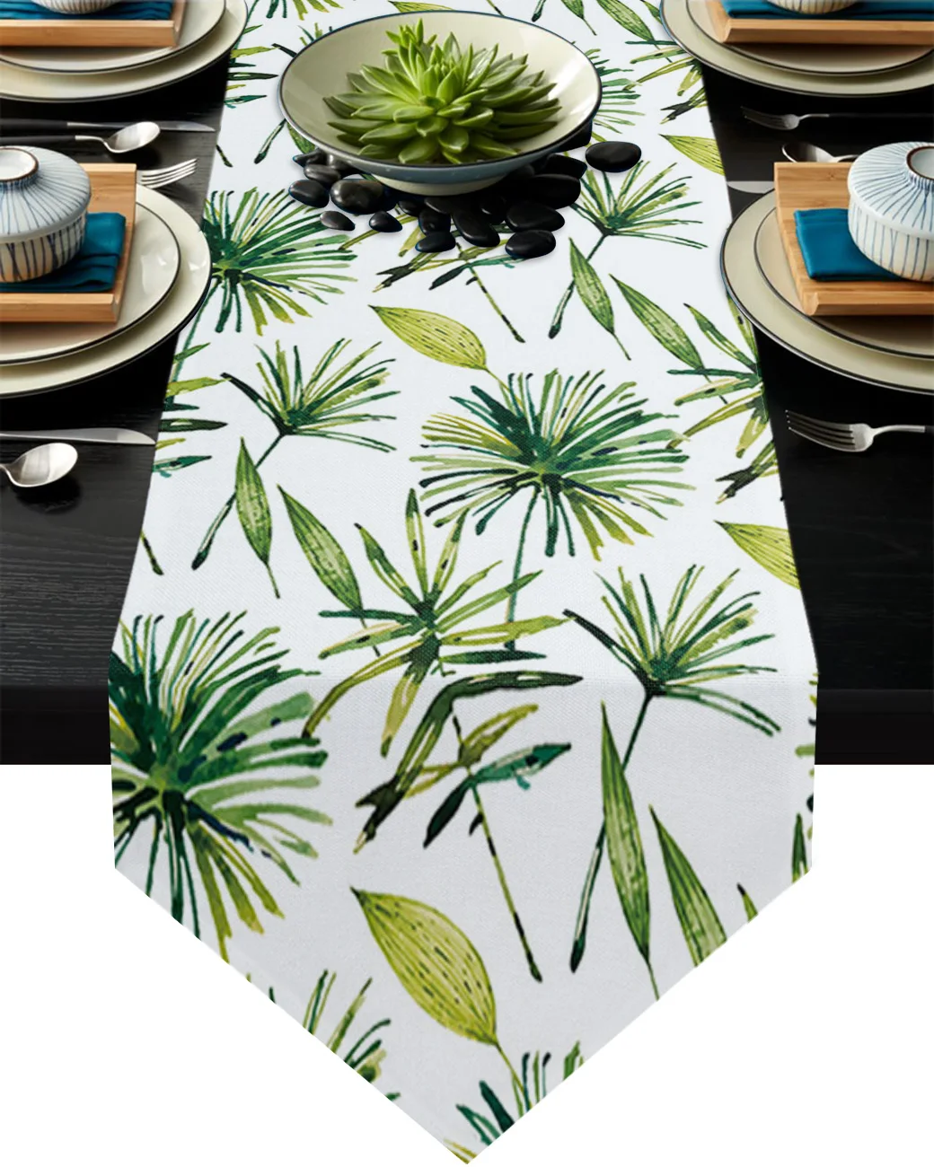 

Green Tropical Plant Palm Leaves Table Runner Country Wedding Decoration Tablecloth Home Hotel Party Kitchen Dining Table Mats