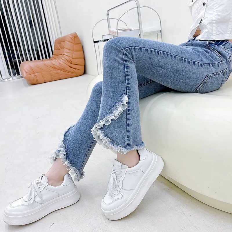 Korean Girl Pants Flare Jeans Ruffles Lace High Waist Elastic Denim Trousers Bell Bottoms Ripped Teenage Fashion 6 To 16 Yrs
Korean Girl Pants Flare Jeans Ruffles Lace High Waist Elastic Denim Trousers Bell Bottoms Ripped Teenage Fashion 6 To 16 Yrs