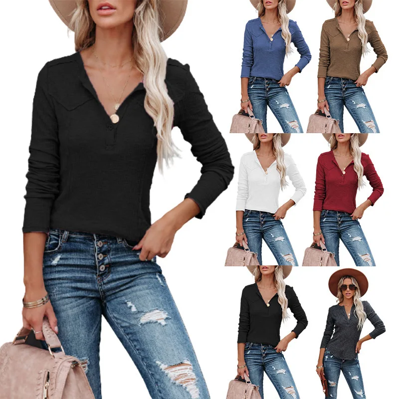 Autumn and Winter 2021 Pullover Long Sleeve Solid Pit Bar Fashion V-Neck Button T-shirt Women's Wear
Autumn and Winter 2021 Pullover Long Sleeve Solid Pit Bar Fashion V-Neck Button T-shirt Women's Wear