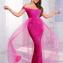Off Shoulder Sequined Evening Ball Gown Mesh Skirt Hot Pink Black Wedding Party Long Floor Length Prom Dresses