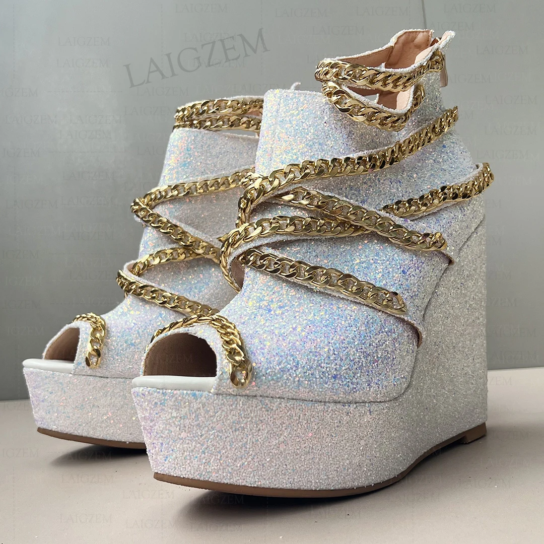 

LAIGZEM Women Pumps Platform Wedge Peep Toe Metal Chains Sandals Cospaly Ladies Bling Glitter Shoes Woman Big Size 3 42 45 50 52